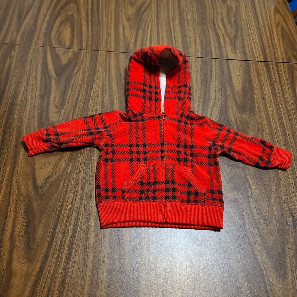 Carter's Infant Boy 3 Month Red Black Plaid Fleece Sherpa Zip Up Jacket